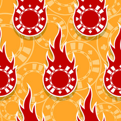 Casino poker chips icons and fire flames vector art seamless pattern textile and wallpaper design