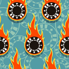 Seamless pattern with casino poker chips icons and fire flames vector art .Ideal for wallpaper, wrapper, packaging, fabric, textile design and any kind of decoration.