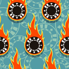 Obraz premium Seamless pattern with casino poker chips icons and fire flames vector art .Ideal for wallpaper, wrapper, packaging, fabric, textile design and any kind of decoration.