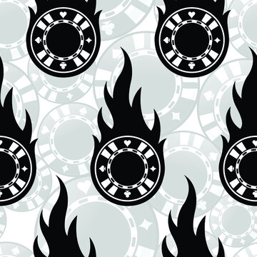 Casino poker chips icons and fire flames vector art seamless pattern textile and wallpaper design