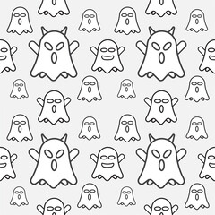 Cute white ghost seamless pattern design template. Black outline design style in Light Grey color background. Flat character vector illustration.