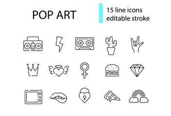 Pop art line icons set. Retro 1960s design. Woman lips, recorder and hand poses. Burger and pizza. Vector illustration