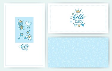 Baby Shower Invitations Templates. Baby Arrival Cartoon Vector Posters with baby icons and pattern. It is a boy.