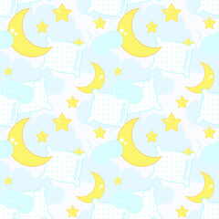 Sleep seamless pattern. White pillow, moon, stars, eye patch against the background of light blue clouds. Night, dream. Vector illustration