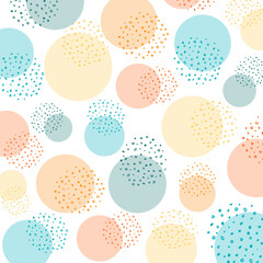 Doodle circle background. Yellow, orange, turquoise, green circle and dots. Abstract vector illustration for design and decoration, banner, poster, template, postcard, card, invitation, poster, diary,