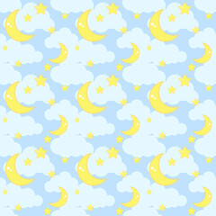 Sleep seamless pattern. The moon and yellow stars against the background of light blue clouds. Night, dream. Vector illustration