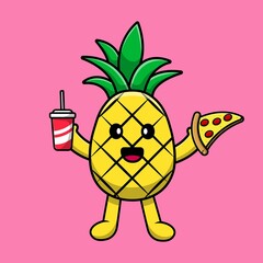 Cute Pineapple Holding Pizza And Soda Cartoon Vector Icon Illustration. Food And Drink Icon Concept Isolated Premium Vector.
