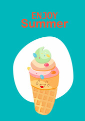 Summer postcard with colorful ice creams, with cheerful emotions, different sizes with a cone horn. Summer design for content. Vector background