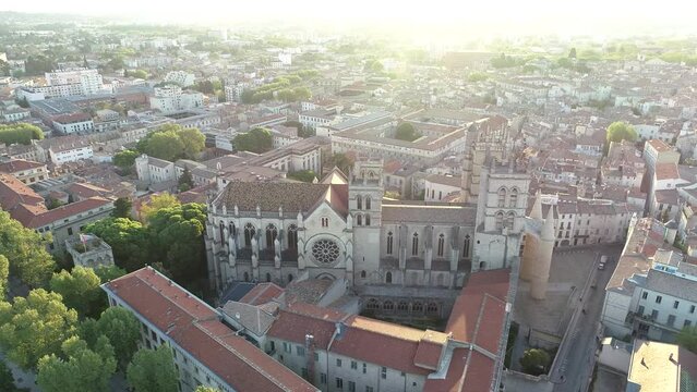 Aerial view of Catholic cathedral in Montpellier, France at sunrise 