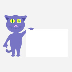 Cute cartoon cat holding an empty sign with space for text, mockup for your design