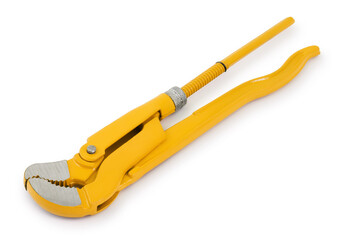 Pipe plumber wrench, tool for construction or industrial works, colored in yellow isolated on white background.