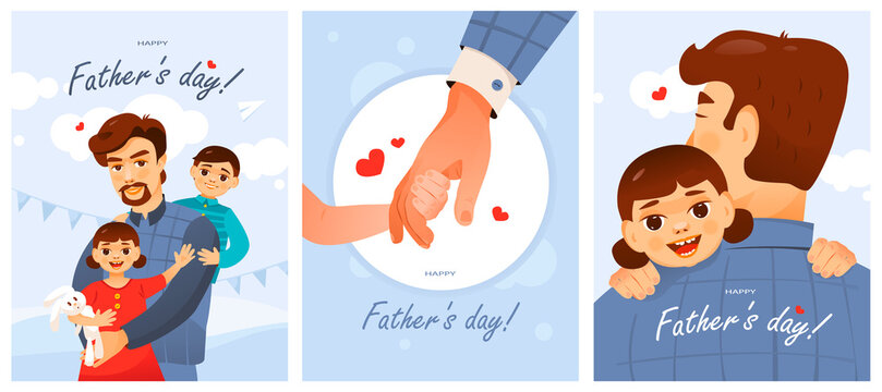 A set of postcards for Father's Day. Father and child. Cute cartoon vector illustration.

