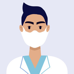 Doctor man isolated wearing a mask. Healthcare concept, coronavirus, prevention, immunize, treatment, vector. 