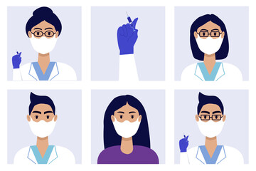 A medicine set. People vaccination concept for immunity health. Covid-19. Young doctors with syringe and vaccine, patient isolated on blue background. Healthcare, coronavirus, prevention, immunize. 