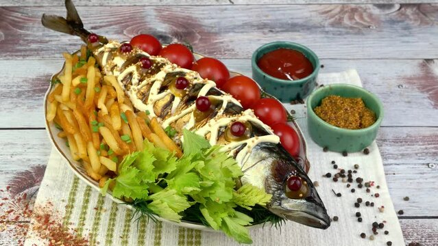 Fried mackerel fish with french fries.