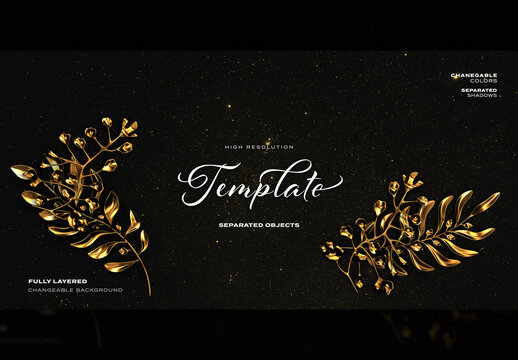 Gold Detail Stem Isolated Monstera Deliciosa Plant Leaves Black Bcg