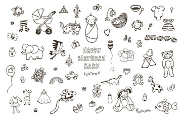 Baby birthday vector line illustrations set