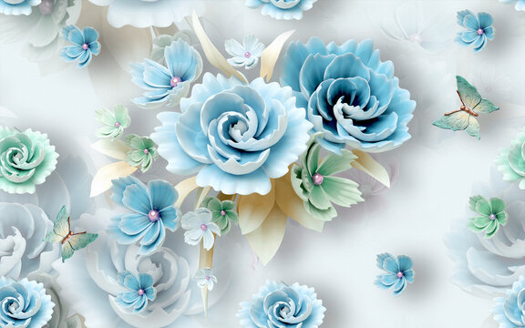 3D wallpaper beautiful blue flower and butterfly with texture background for interior