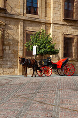 Fototapeta na wymiar Red horse carriage parked next to the mosque of Cordoba, Andalusia, Spain.