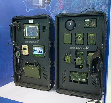 Digital communication platform FONET, made by WB Group, presented on stand. Arms and Safety Exhibition