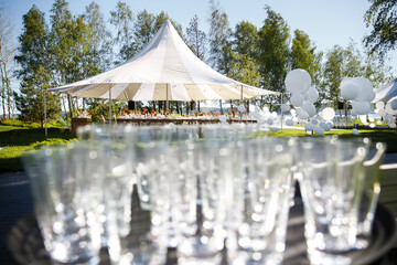 Wedding tent with large balls. Tables sets for wedding