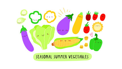 Cute vector illustration with Seasonal Summer Vegetables on a white background. Smiley cartoon food characters - Lettuce, Tomato, Eggplant, Yellow Zucchini, Sweet Corn. Healthy vegetables banner
