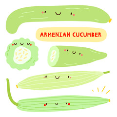 Super cute set - different hand drawn Armenian Cucumber. Seasonal Armenian Cucumber vegetable character with smiley face. Funny food illustration
