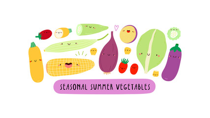 Cute illustration with Seasonal Summer Vegetables on a white background. Smiley cartoon food characters - Lettuce, Tomato, Eggplant, Yellow Zucchini, Sweet Corn. Healthy vegetables banner