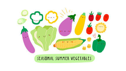 Cute illustration with Seasonal Summer Vegetables on a white background. Smiley cartoon food characters - Lettuce, Tomato, Eggplant, Yellow Zucchini, Sweet Corn. Healthy vegetables banner