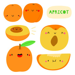 Obraz premium Super cute vector seasonal pattern with Apricots. Summer seasonal fruit background. Smiley apricot characters. Watermelon slices with faces on a white background