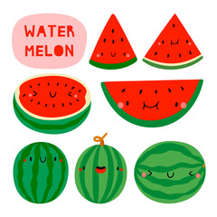 Super cute set - different hand drawn Watermelon. Seasonal Watermelon fruit character with smiley face. Funny food illustration