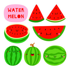 Super cute vector set - different hand drawn Watermelon. Seasonal Watermelon fruit character with smiley face. Funny food illustration