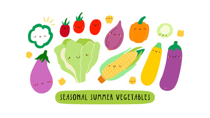 Cute illustration with Seasonal Summer Vegetables on a white background. Smiley cartoon food characters - Lettuce, Tomato, Eggplant, Yellow Zucchini, Sweet Corn. Healthy vegetables banner