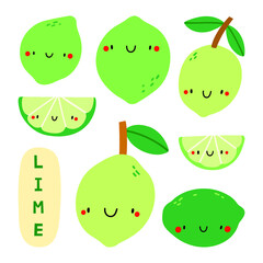 Super cute vector set - different hand drawn Limes. Seasonal Lime fruit character with smiley face. Funny food illustration