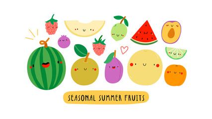 Cute illustration with Seasonal Summer Fruits on a white background. Smiley cartoon food characters - Watermelon, Raspberry, Plum, Asian Pear, Apricot, Melon, Lime. Healthy fruits banner