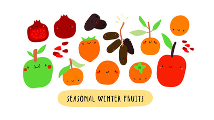 Cute vector illustration with Seasonal Winter Fruits on a white background. Smiley cartoon food characters - Apple, Mandarin, Date, Orange, Persimmon, Pomegranate,. Healthy fruits banner