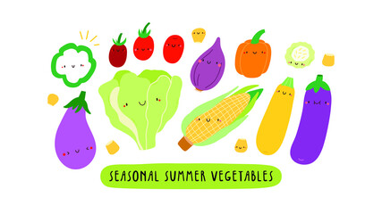 Cute vector illustration with Seasonal Summer Vegetables on a white background. Smiley cartoon food characters - Lettuce, Tomato, Eggplant, Yellow Zucchini, Sweet Corn. Healthy vegetables banner - 508664982