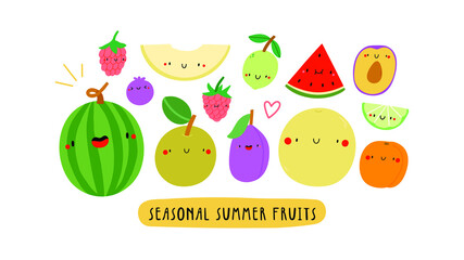Cute vector illustration with Seasonal Summer Fruits on a white background. Smiley cartoon food characters - Watermelon, Raspberry, Plum, Asian Pear, Apricot, Melon, Lime. Healthy fruits banner