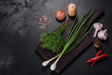 Spring onions, dill, garlic and hot pepper as well as spices and herbs