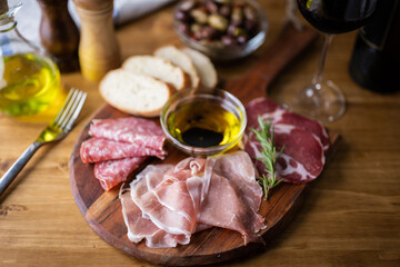 italian antipasto plate with prosciutto and salami