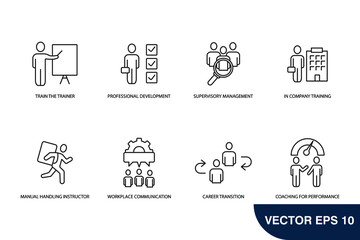 Training and development icons set . Training and development pack symbol vector elements for infographic web