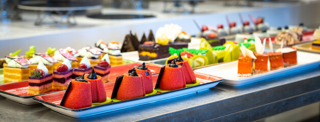 Pastries and cakes in the hotel bar buffet. sweet life concept