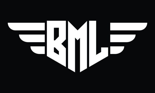 BML three letter logo, creative wings shape logo design vector template. letter mark, wordmark, monogram symbol on black & white.