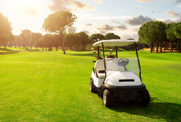 Golf cart in fairway of golf course with green grass field with cloudy sky and trees at sunset © SDF_QWE
