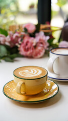 Latte art hot coffee with tulip milk latte art on top of white ceramic glass set on table in coffee shop Hot chocolate drink with white foam and cacao brown powder on top in short cup.