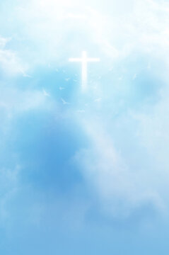 Christian faith A miracle happened on the background of the sky. A large number of fluffy clouds were separated appeared in the form of a cross in the middle of the sky. The bright and powerful ligh