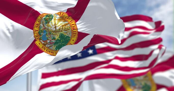 Seamless loop in slow motion with two Florida state flags waving along with the national flag of the United States of America