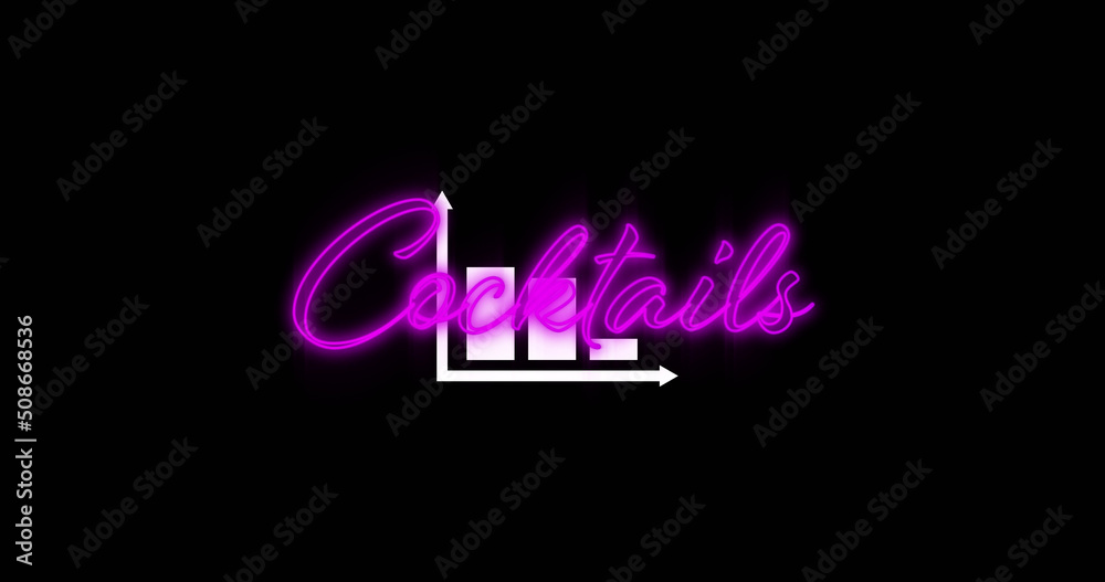 Wall mural Digital image of neon purple cocktails text sign over bar graph icon against black background