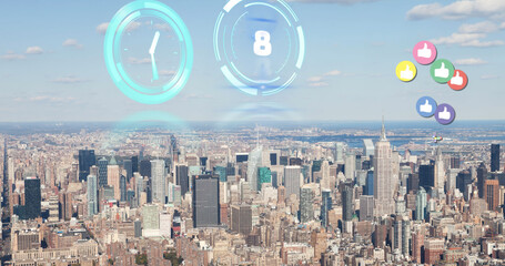 Image of moving clock, scope scanning and social media icons over cityscape