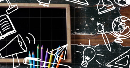 Image of happy teachers day text over school items icons and board